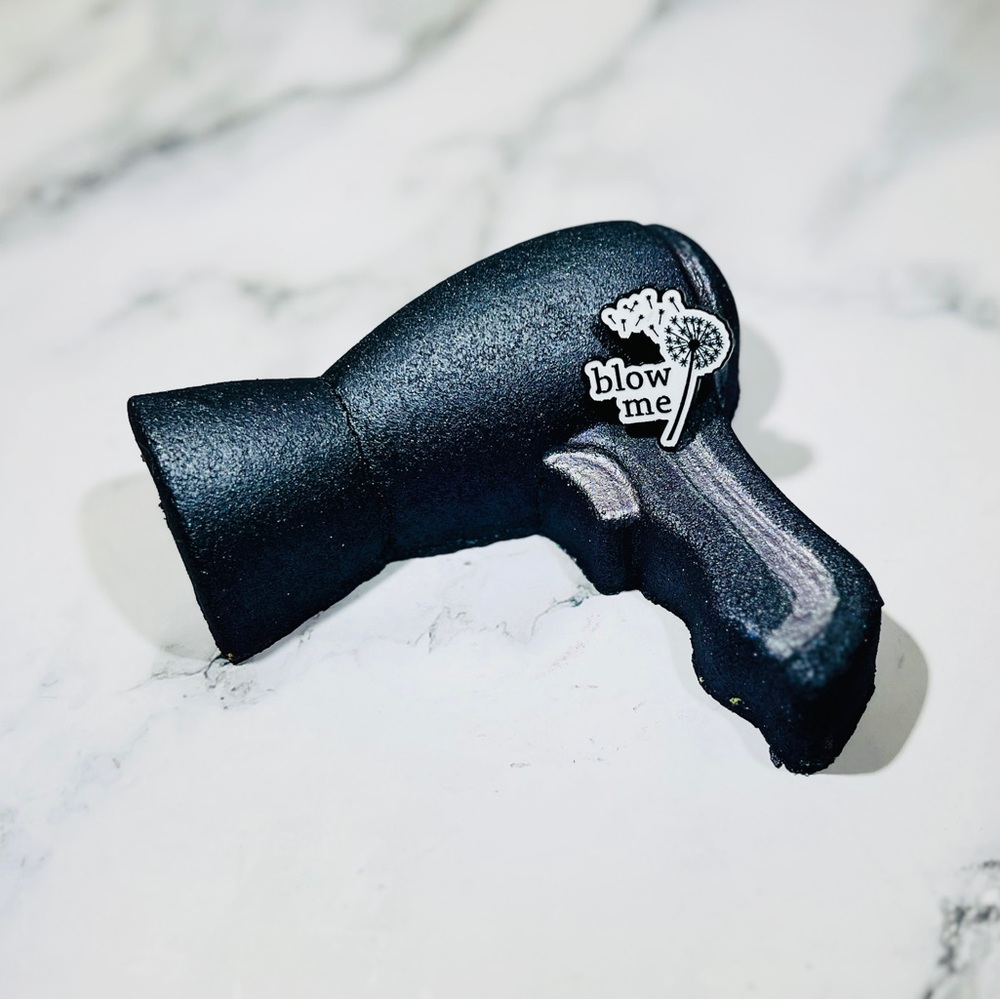 Black Hair Dryer Shaped Bath Bomb with Keepsake Blow Me Enamel Pin